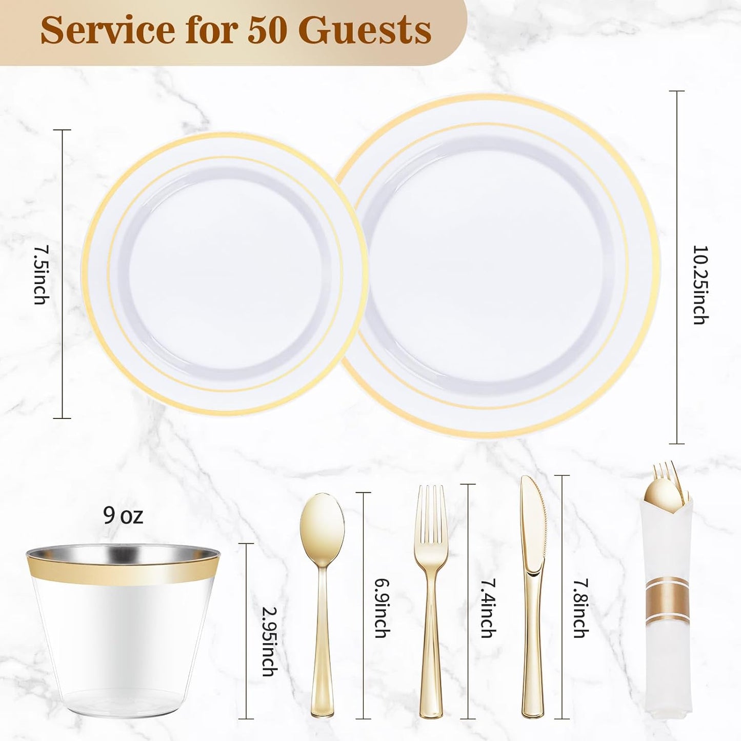 BESTVIP 350PCS Gold Plastic Dinnerware Set, Disposable Party Plates for 50 Guests, Include: 100 Plastic Plates, 50 Pre Rolled Napkins with Gold Silverware, 50 Cups