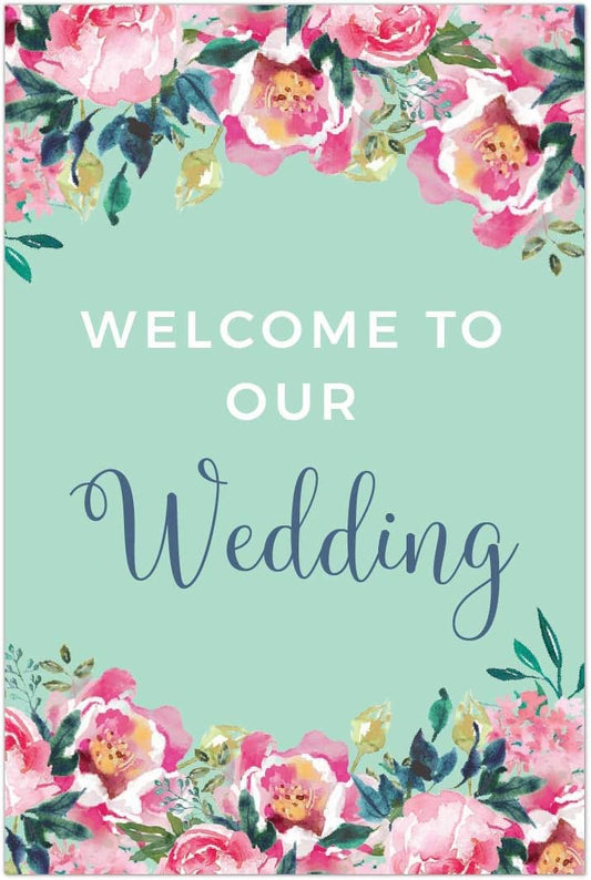 Andaz Press Extra Large Wedding Easel Board Party Sign, 12x18-inch, Tea Party Pink Peonies on Mint Green, Welcome to Our Wedding, 1-Pack