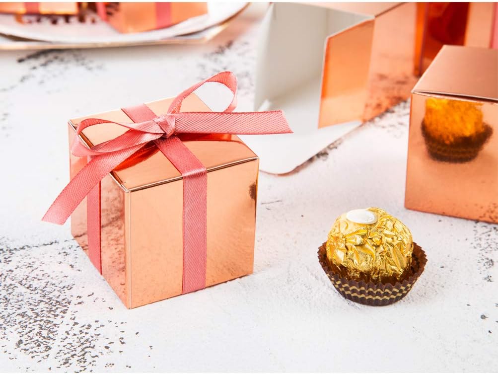 AWELL Rose Gold Gift Candy Box Bulk 2x2x2 inches with Vintage Pink Ribbon Party Favor Box,Pack of 50