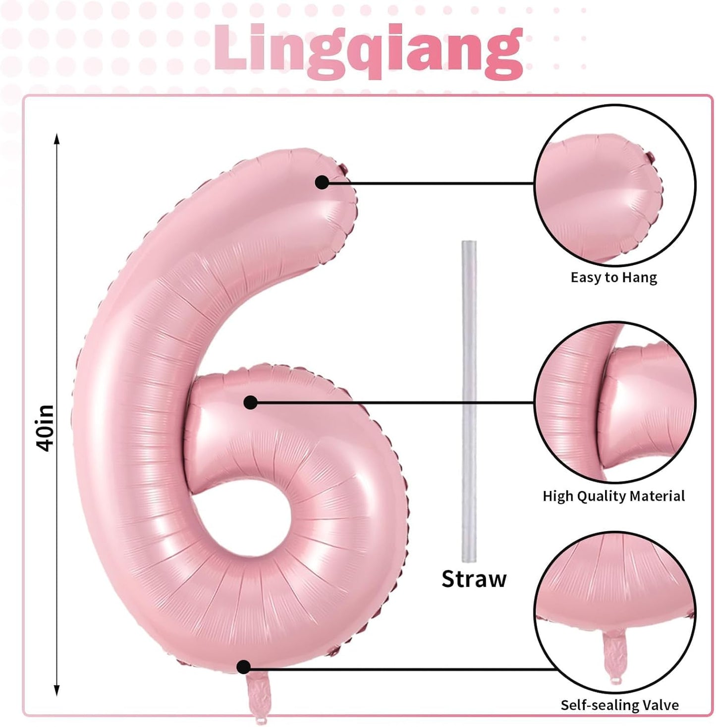 Pastel Pink Number 6 Balloons, 40 In Large Light Pink Number 6 Foil Helium Balloons for Girls, Self Inflating Number Balloons 0-9 for Girls 6th 16th Birthday Women Anniversary Party Decoration