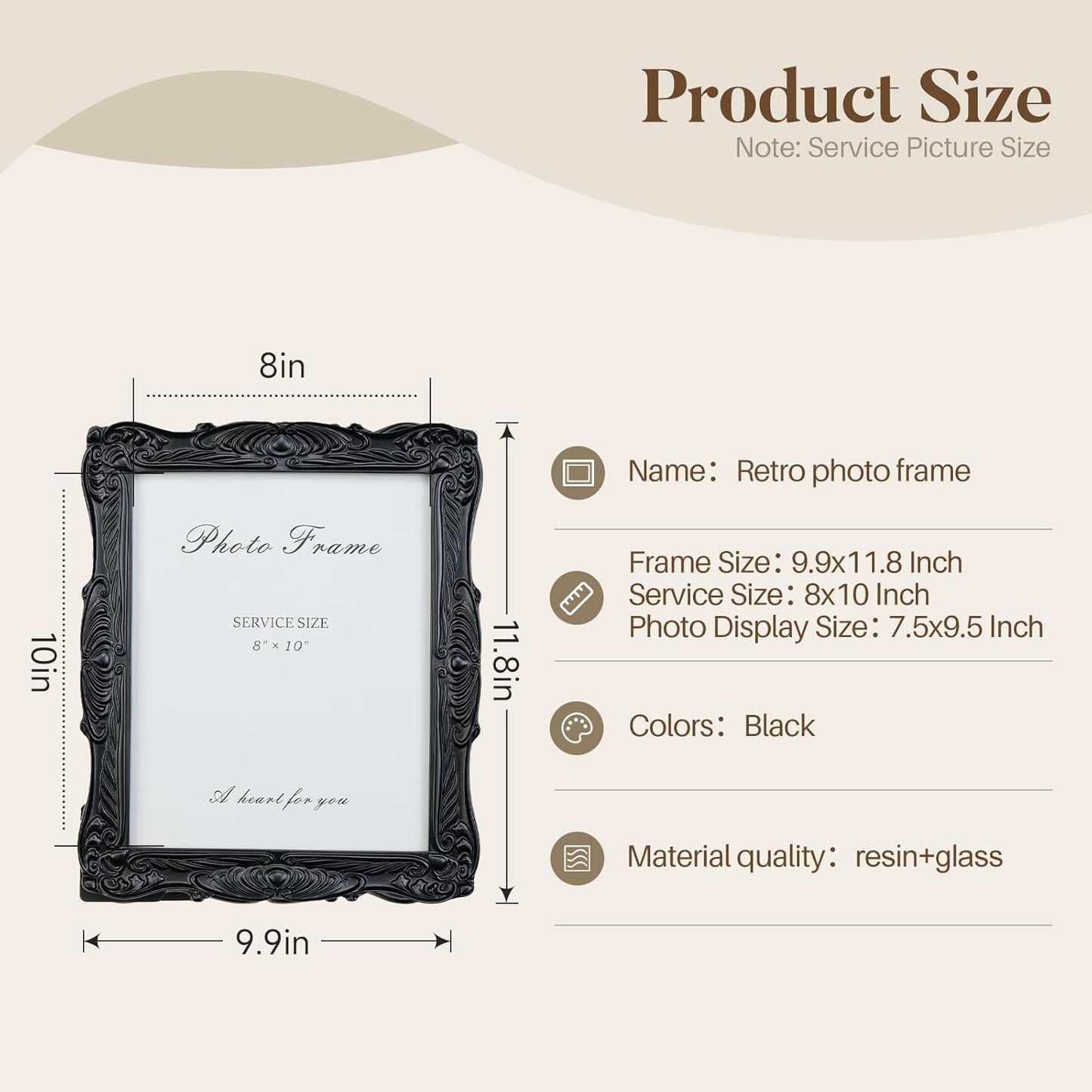 Cuspin Black 8x10 Picture Frame, Vintage Ornate Decorative Hand-Carved Resin Photo Frame with Detailed Design for Tabletop Display or Wall Hanging, Black Home Decor