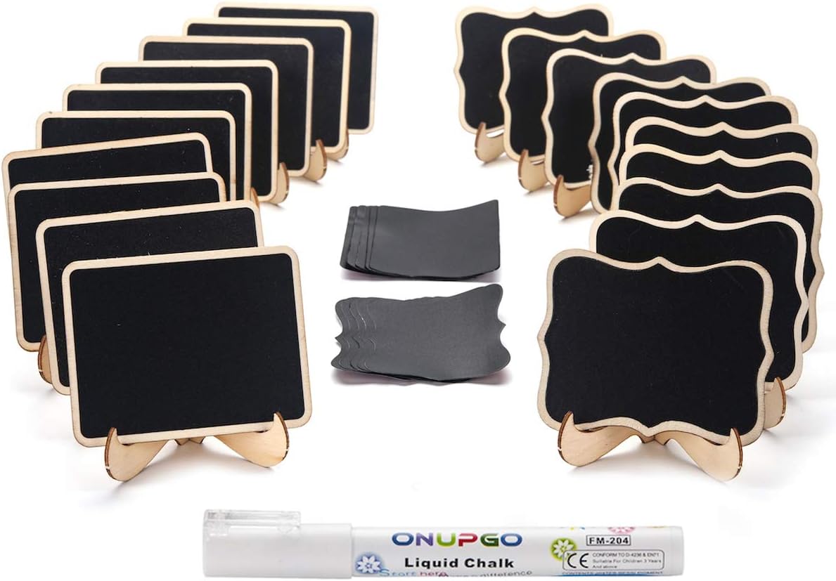ONUPGO 20 Pack Mini Chalkboards Signs with 1 Liquid Chalk Marker, Small Wooden Chalkboard Labels with Support Easels, Place Cards Food Signs Blackboards for Table Numbers, Weddings, Party Decoration