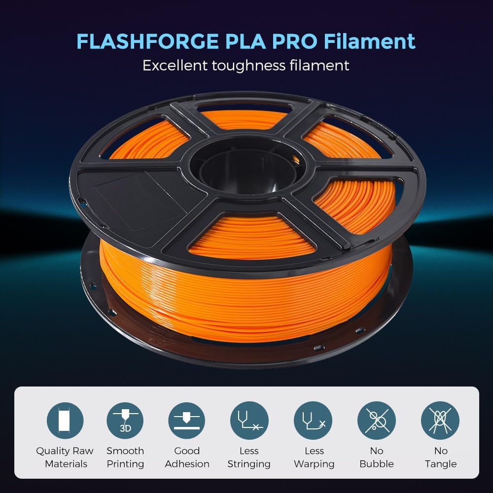 FLASHFORGE 3D Printer Filament, PLA PRO Filament 1.75mm, 1KG Spool (2.2lbs), Dimensional Accuracy +/- 0.02mm for FDM 3D Printers, Better Tenacity & No Knotting (Orange)