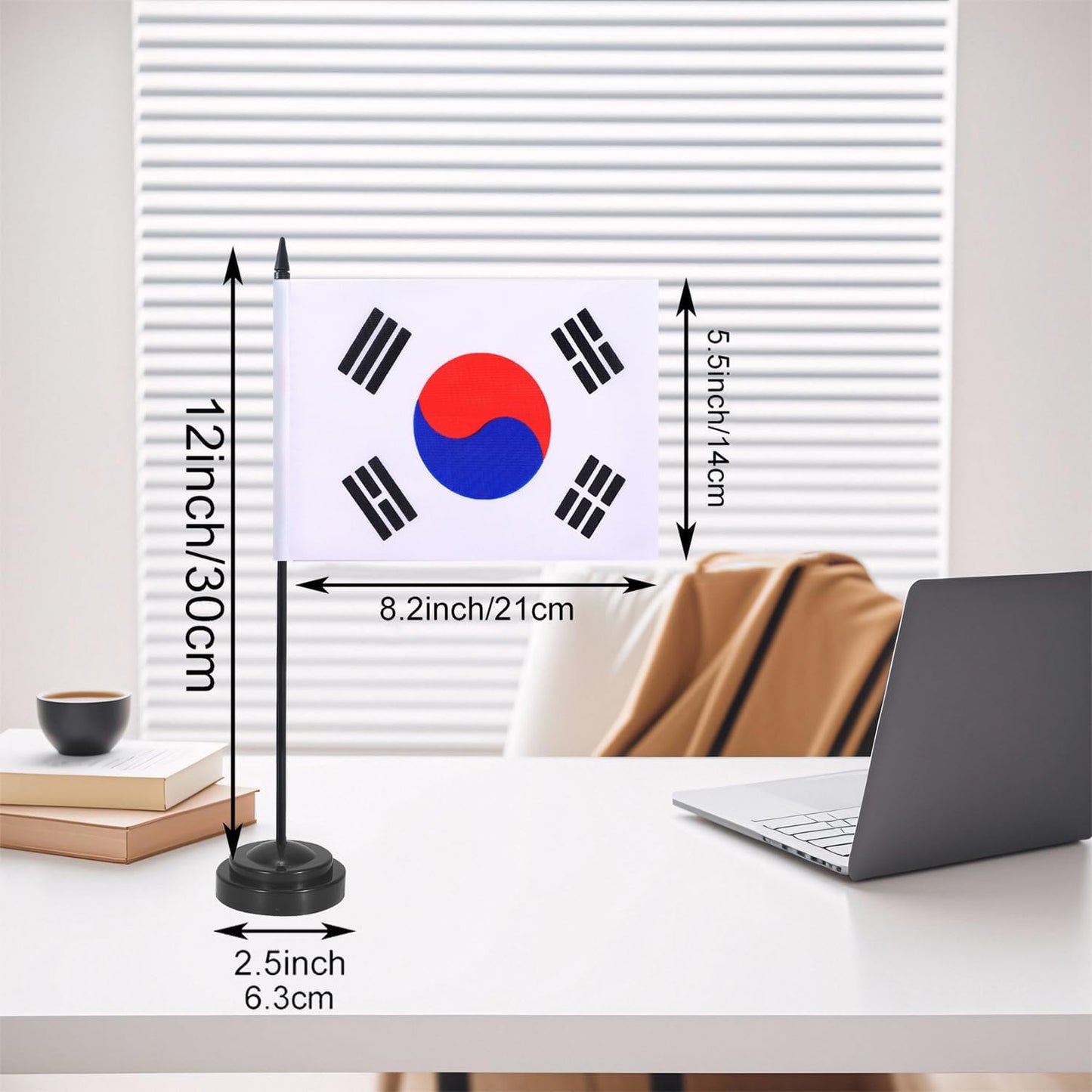 Korea Desk Flag 12" Solid Pole Deluxe Set Korean Flags Banner Mini Small Korea Office Table Flags with Black Stand Base Desktop Decorations(2Pack)