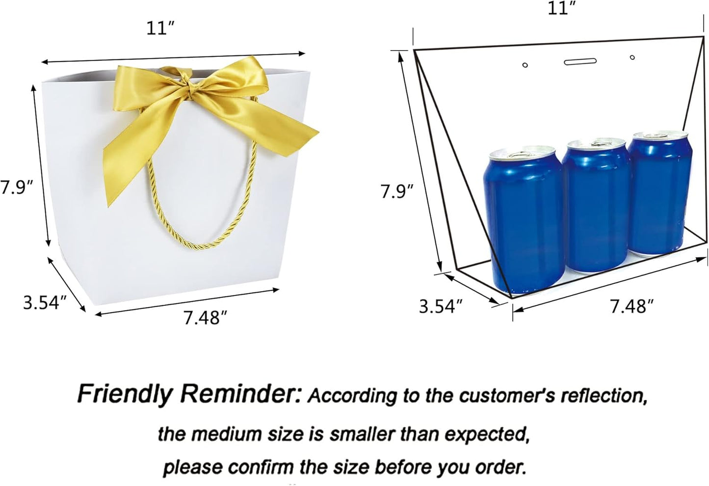 HUAPRINT Gift Bags with Handles,7.48×3.54×7.9 inches,Party Favor Bags with Bow Ribbon,12Pcs White Paper Bags for Birthday Wedding Bridesmaid Present Celebration Holiday