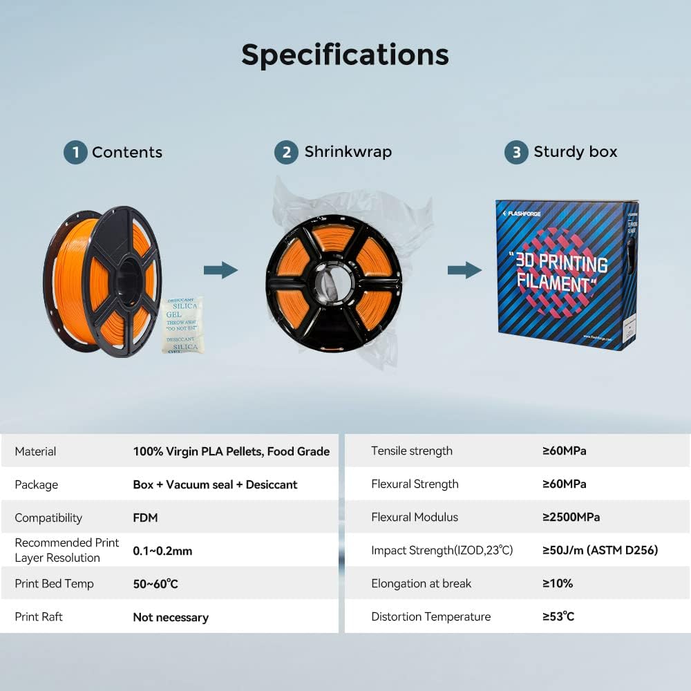 FLASHFORGE 3D Printer Filament, PLA PRO Filament 1.75mm, 1KG Spool (2.2lbs), Dimensional Accuracy +/- 0.02mm for FDM 3D Printers, Better Tenacity & No Knotting (Orange)