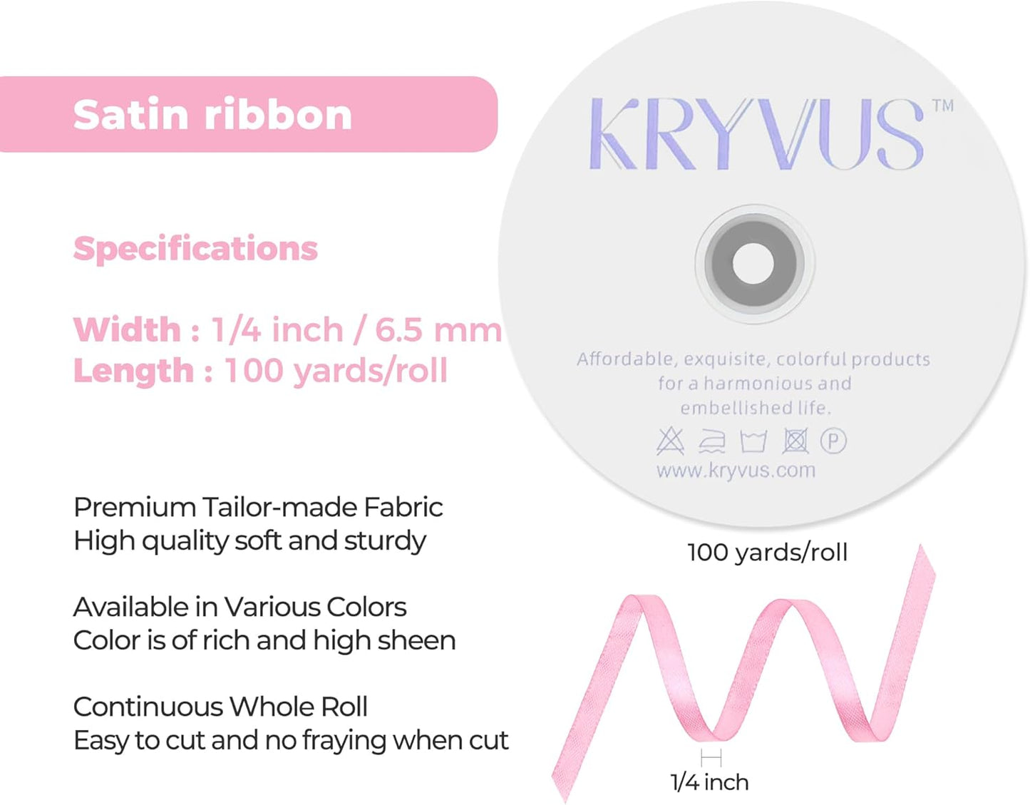 Rose Pink Satin Ribbon 1/4 inch X Continuous 100 Yards, Single Face Polyester Ribbon Perfect for Gift Wrapping, Flower Bouquet, Wedding Decor, Crafts, Bow Making, Sewing and More