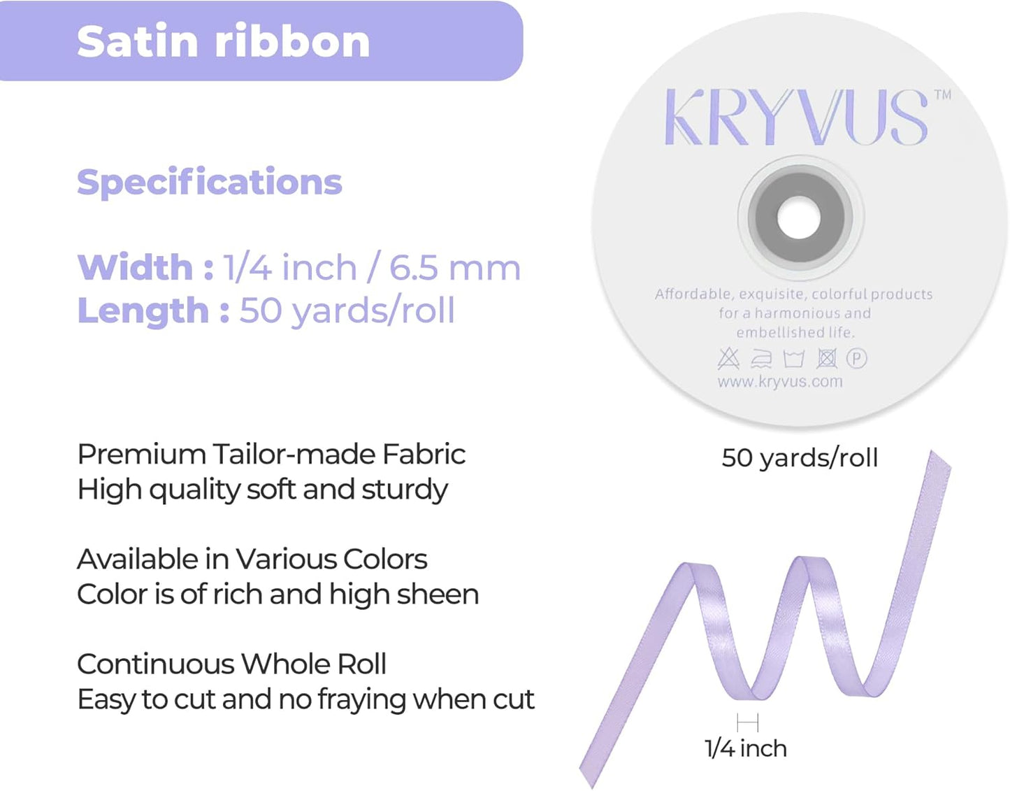 Lavender Satin Ribbon 1/4 inch X Continuous 50 Yards, Single Face Polyester Ribbon Perfect for Gift Wrapping, Flower Bouquet, Wedding Decor, Crafts, Bow Making, Sewing and More