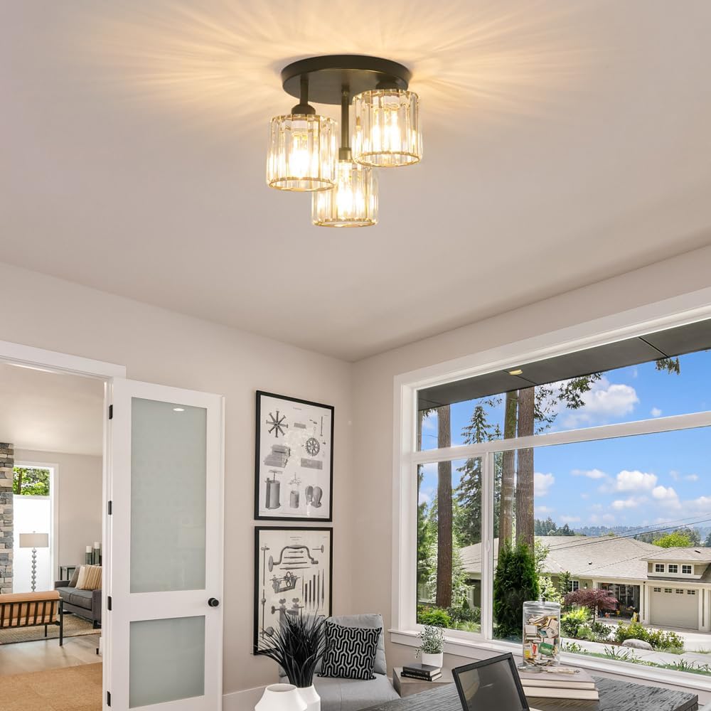 Crystal Semi Flush Mount Ceiling Light, 3-Light Modern Close to Ceiling Light Fixtures, Black Kitchen Light Fixtures with Clear Crystal Shade, Hallway Light Fixtures for Hallway Bedroom Bathroom, E26