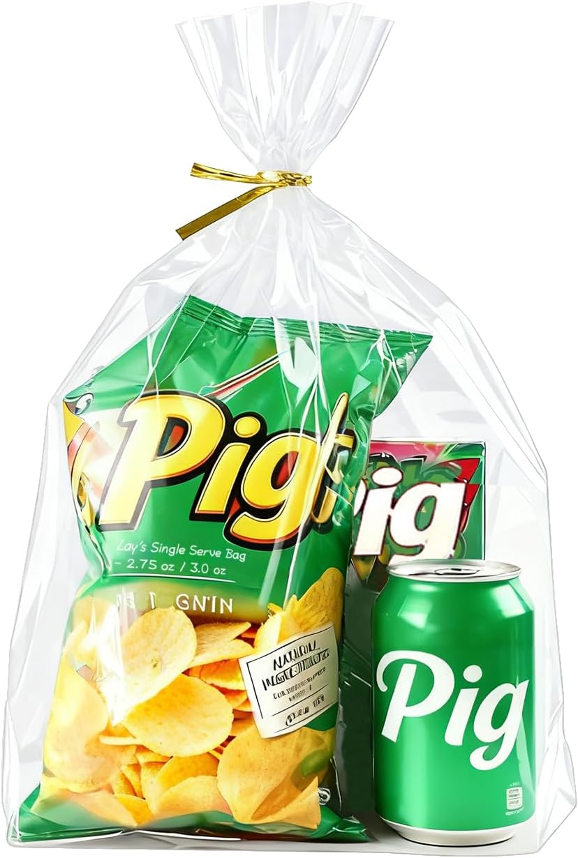 PigPotParty 10"x 14", 50Pcs Bottom Gusset Bags, Clear Plastic Gift Cellophane Mug Treat Goodie Bags with 50x Twist Ties, Large Party Favor Packaging, Toy Wrapping (No Side Gusset)