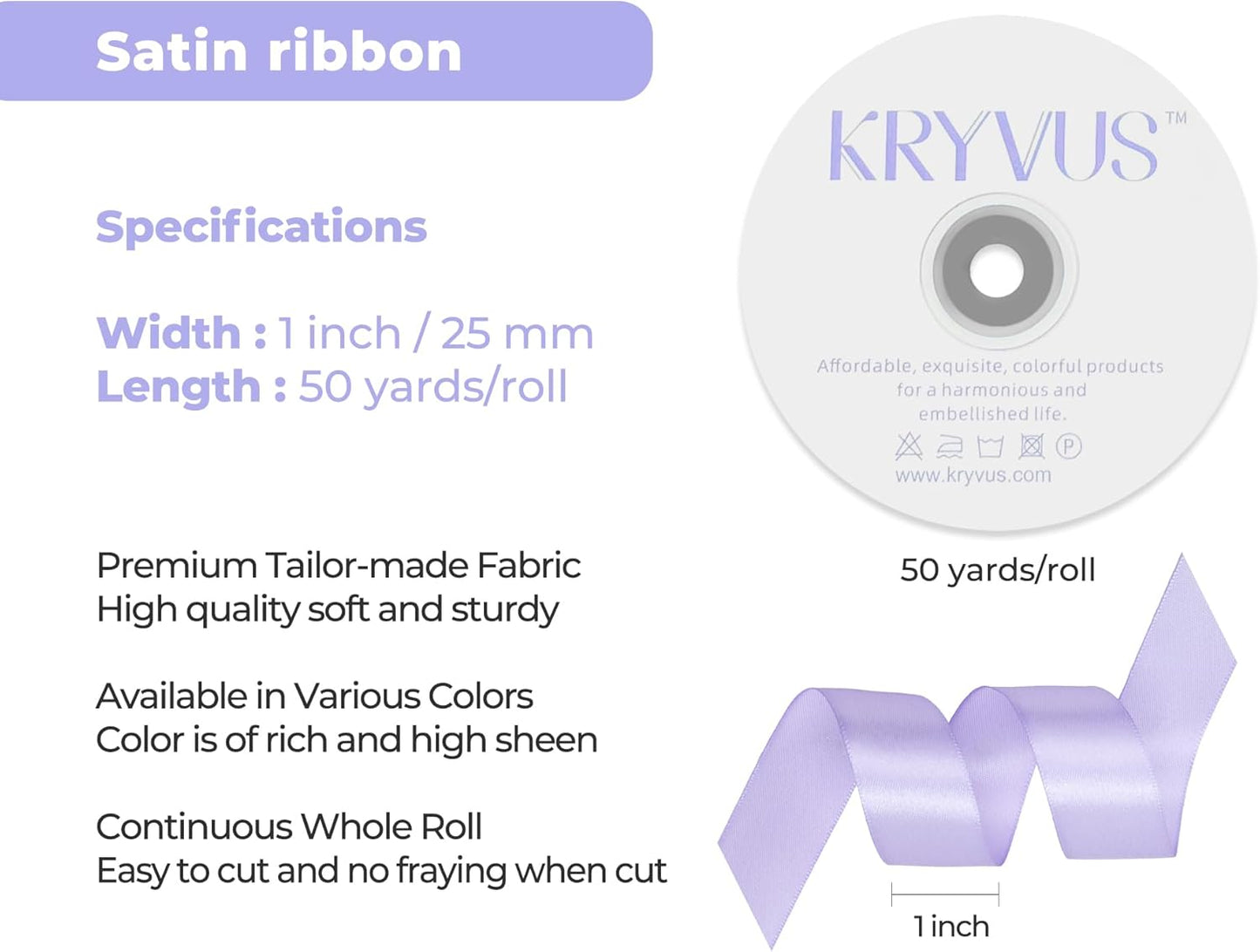 Lavender Satin Ribbon 1 inch X Continuous 50 Yards, Single Face Polyester Ribbon Perfect for Gift Wrapping, Flower Bouquet, Wedding Decor, Crafts, Bow Making, Sewing and More