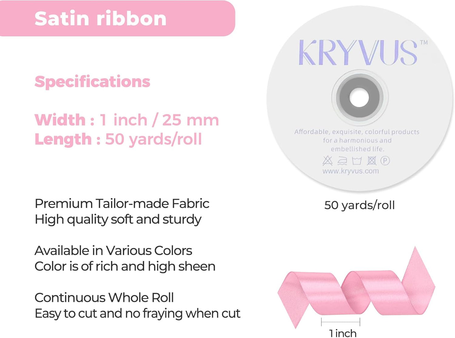 Rose Pink Satin Ribbon 1 inch X Continuous 50 Yards, Single Face Polyester Ribbon Perfect for Gift Wrapping, Flower Bouquet, Wedding Decor, Crafts, Bow Making, Sewing and More