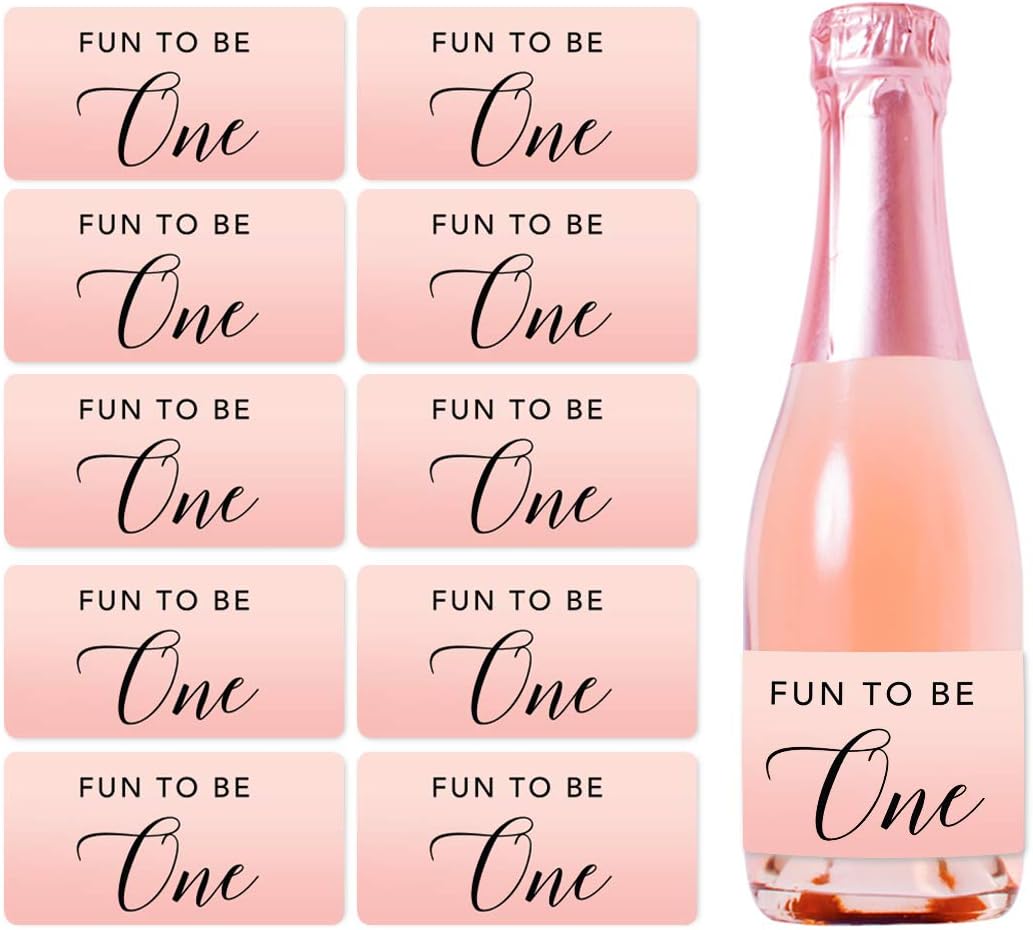 Andaz Press Blush Pink Rose Elegant Party Baby Girl's 1st Birthday Collection, Waterproof Mini Champagne Wine or Milk Bottle Labels, Fun to Be One, 20-Pack, Party Favors Decor Gift Ideas
