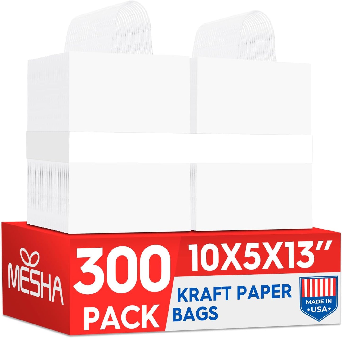MESHA Gift Paper Bags 300 PACK 10X5X13 White Large Shopping Kraft Bags Bulk with Handles Reusable for Business Grocery Birthday Wedding Kids Party Favors(Made in USA)