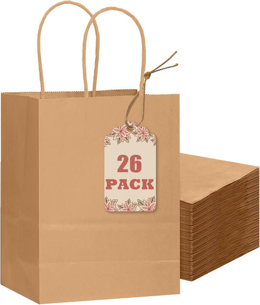 qiqee 26-Packs Brown Gift Bags with Handles Bulk 8.3"x3"x 6" Small Size Kraft Paper Bags Multiple Uses (Small Size)