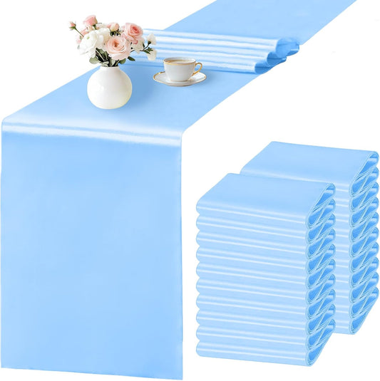 SHEJIZE 20 Pack Light Blue Satin Table Runner 12x108 Inches Long, Bright Silky Smooth Satin Table Runner Table Decor for Wedding Banquet Christmas Prom Event Birthday Party