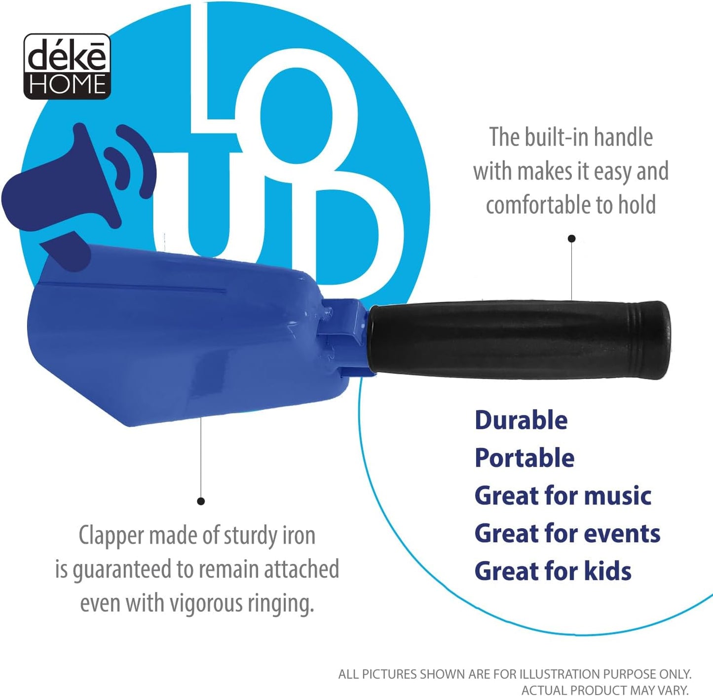 Deke Home - 2 Pack 7 Inch Steel Cowbells with Handle, Loud Noise Makers for Football, Sports, Parties, Competitions, School Spirit & Safety, Large Hand Bell for Cheering & Percussion Instrument