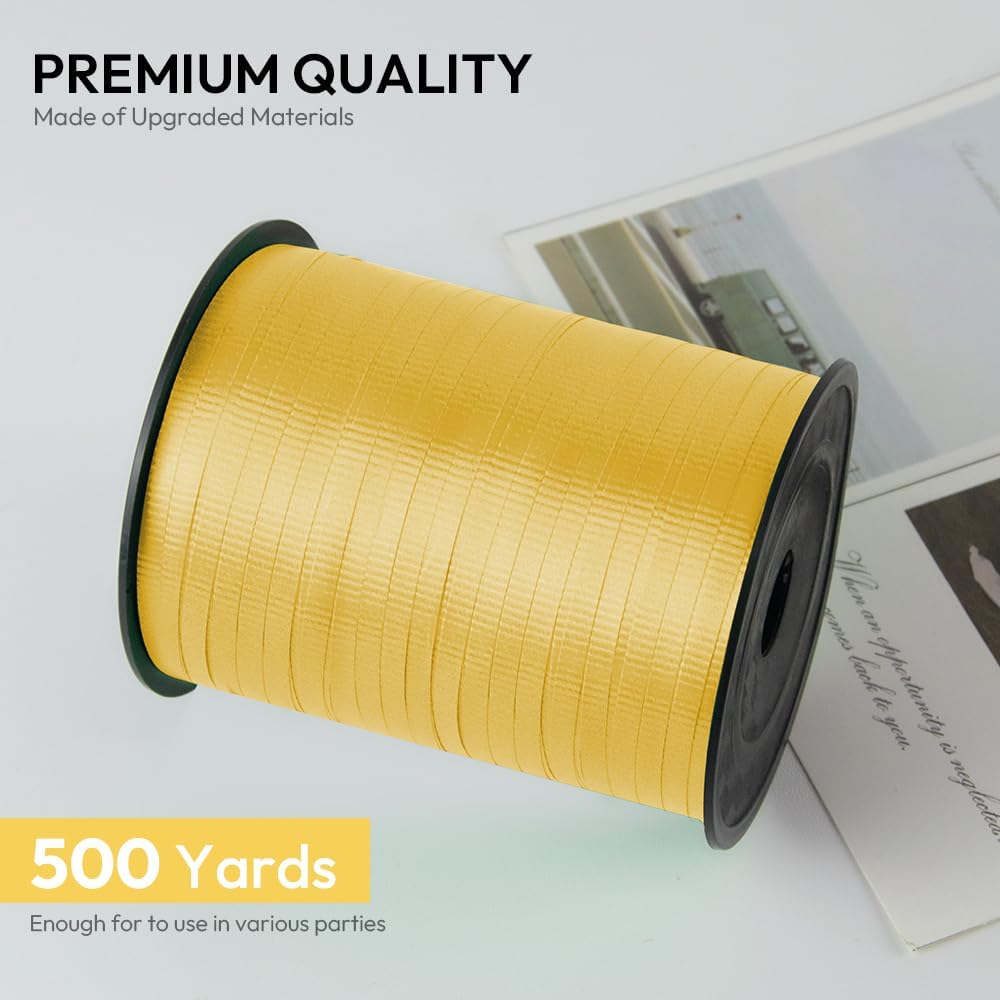 KMER LIFE Yellow Crimped Curling Ribbon, 1/5" Wide x 500 Yards Christmas Curling Ribbons for Gift Wrapping, Party Decoration, Balloon String, Crafting, Balloon Ribbons for Florist Flower (1 Roll)