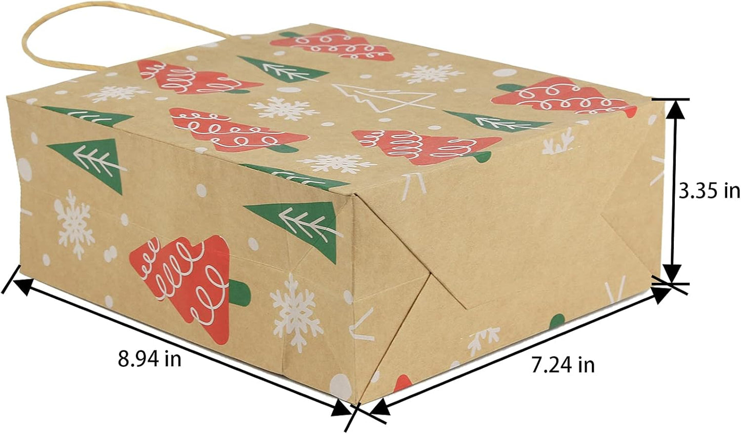 Ogrmar 24 PCS Christmas Gift Bags Kraft Holiday Wrapping Paper Bags with Christmas Prints for Holiday Party Favors Xmas Gift Box Packaging