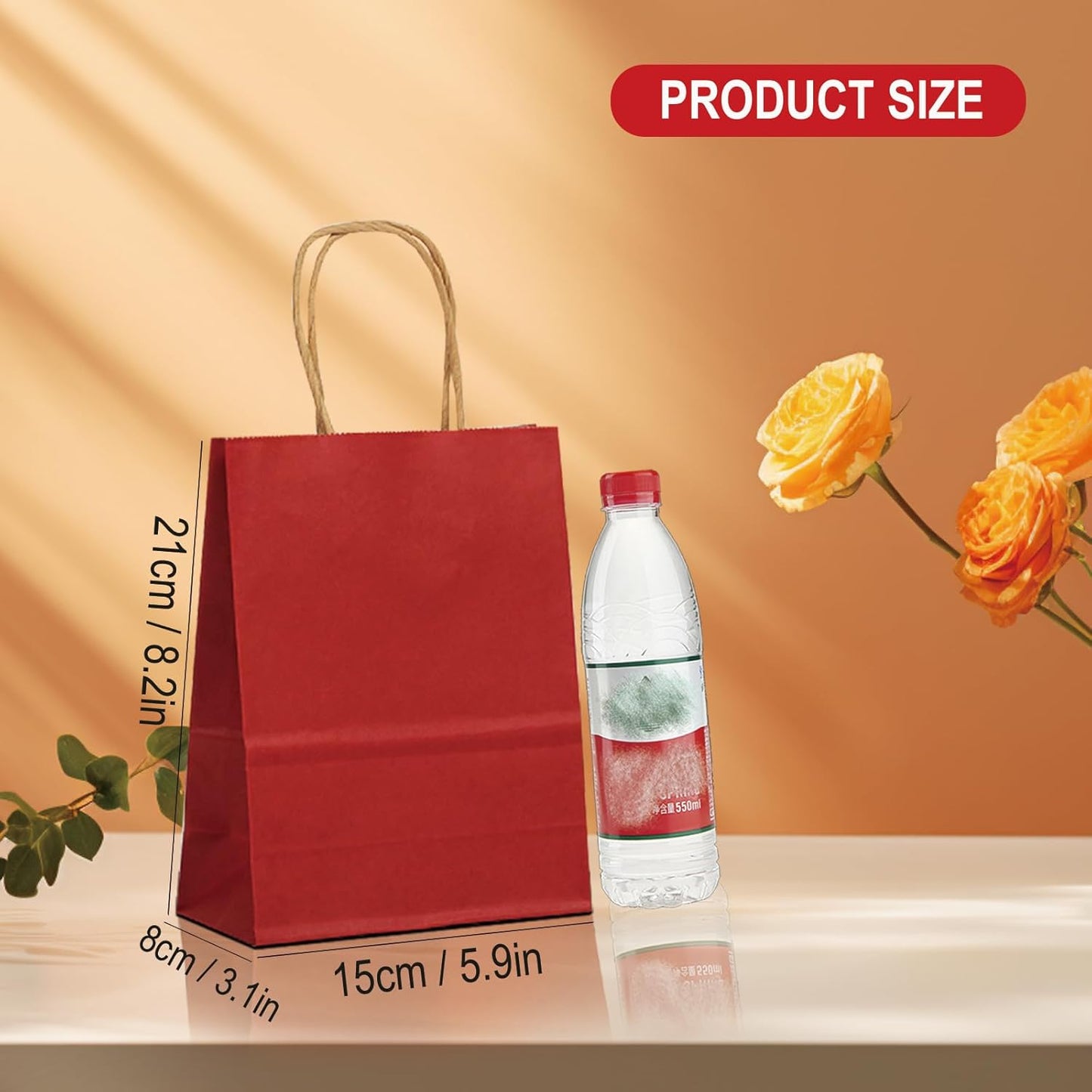 BAG BOX 100 Pack Medium 8.25x4.3x10.6 Inch Red Kraft Paper Gift Bags with Handles for Bulk Shopping, Retail, Craft, Party Favors, Wedding, Grocery & Sacks