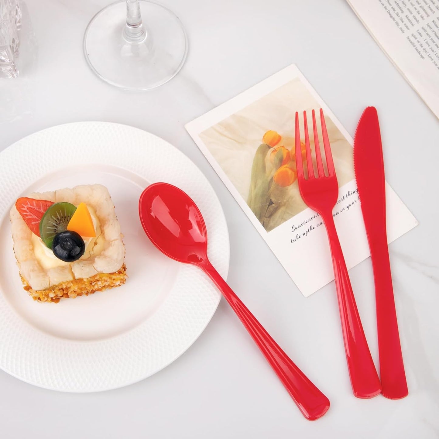 WDF 160 Piece Heavy Duty Silverware - Red Plastic Utensils with 80 Forks, 40 Spoons, 40 Knives - Perfect for Christmas Parties & Daily Use