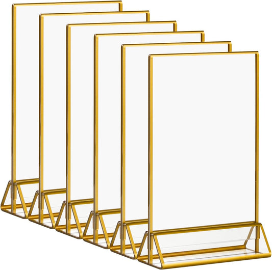 6 Pack Acrylic Sign Holder with Gold Borders, 5x7'' Double-Sided Menu Stands Clear Picture Frames for Restaurant Menu Signs, Wedding Table Numbers, Exhibition & Art Display