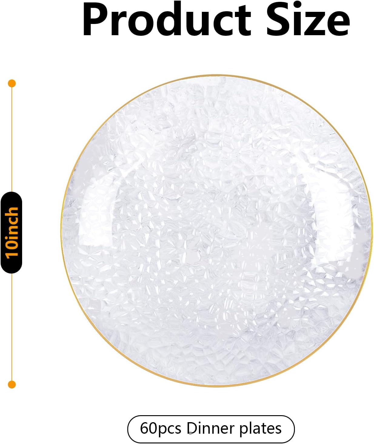 Rubtlamp 60 Pieces Gold Plastic Plates - 10 inch Clear Dinner Plates - Hammer Pattern Design - Fancy Clear and Gold Disposable Plates For All Occasions
