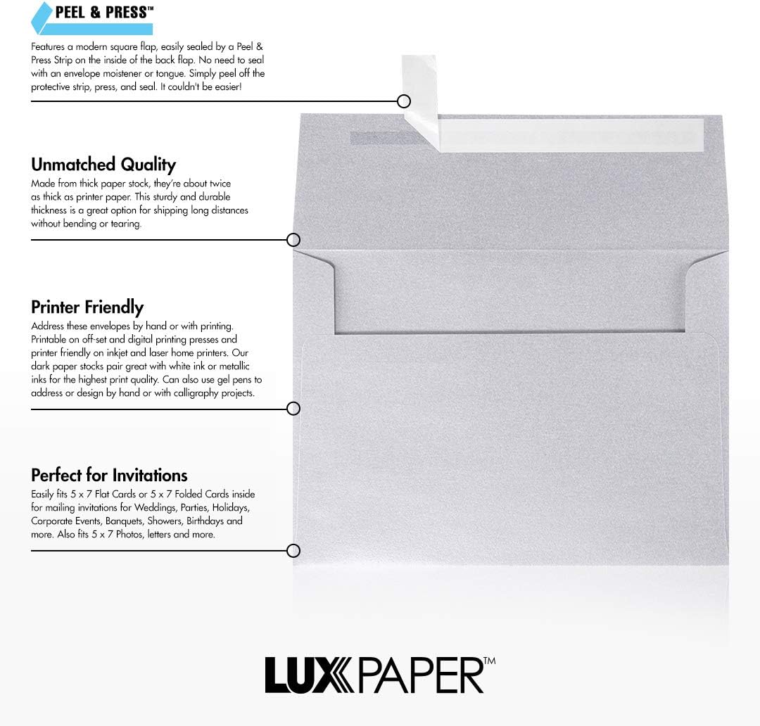 LUXPaper A7 Invitation Envelopes | Peel & Press | 5 1/4" x 7 1/4" | Silver Metallic | 80lb. Text | 50 Qty
