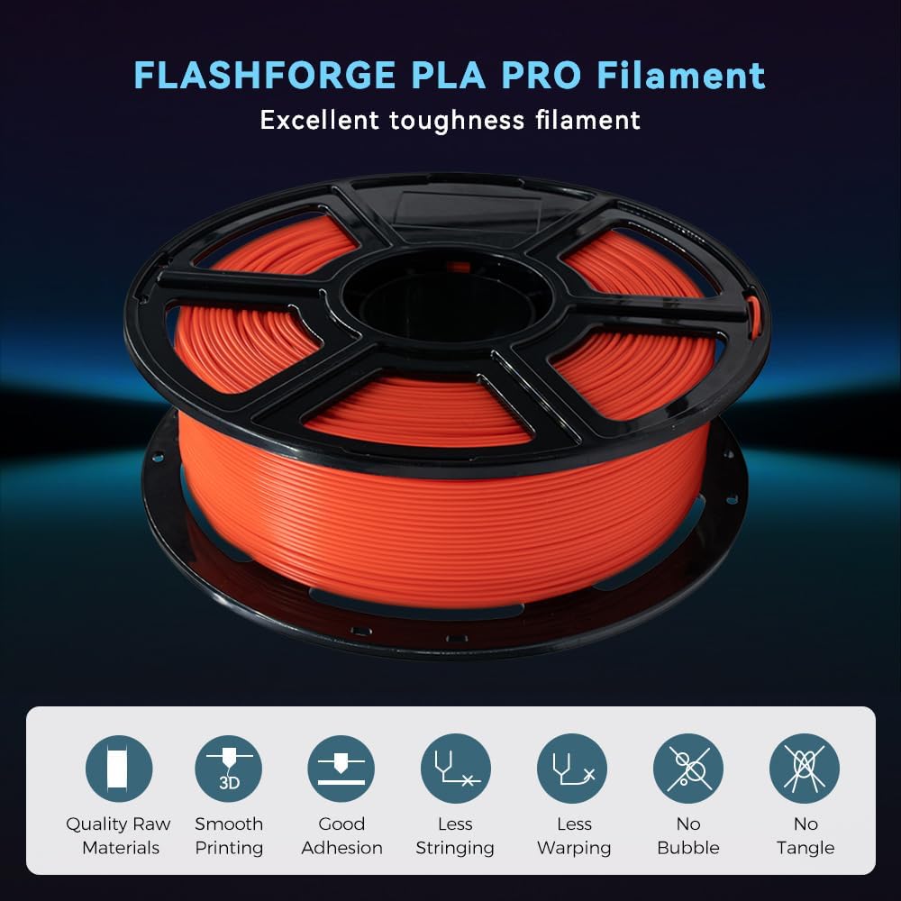 FLASHFORGE 3D Printer Filament, PLA PRO Filament 1.75mm, 1KG Spool (2.2lbs), Dimensional Accuracy +/- 0.02mm for FDM 3D Printers, Better Tenacity & No Knotting (Tangerine)