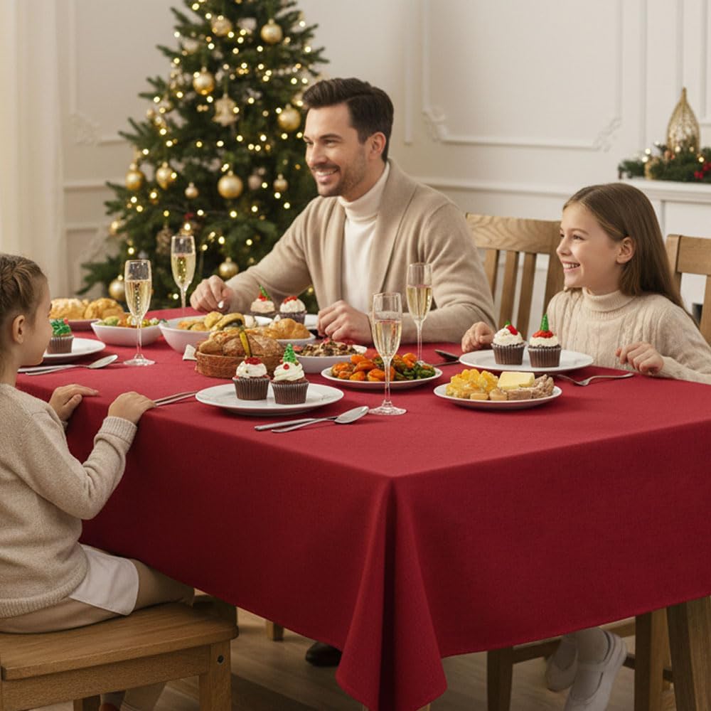 Fitable 2 Pack Faux Linen Christmas Tablecloths, Burlap Textured Fabric Table Clothes Rectangle, Rustic Decorative Table Covers for Winter Holiday Dinner Party Farmhouse (Red, 60 x 120 Inch)