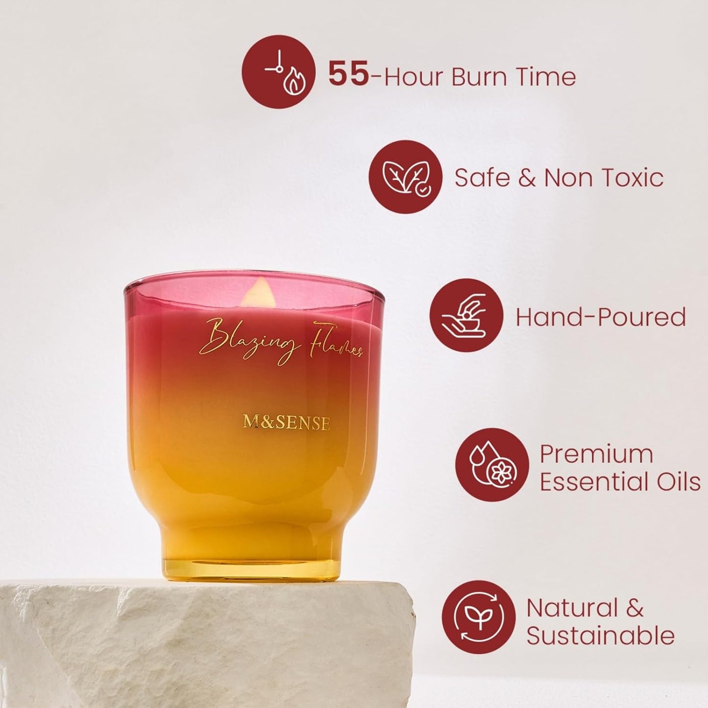 M&SENSE 9.88oz Natural Soy Wax Jar Candle with Wooden Wick | Blazing Flames Scent | 55-Hour Burn & Long-Lasting Burn | Housewarming Gift for Men and Women