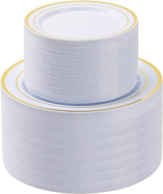 200PCS Gold Plastic Plates Set, 100 10.25 inch Dinner Plate and 100 7.5 inch Dessert Plates, Premium Disposable Plates for Party, Wedding