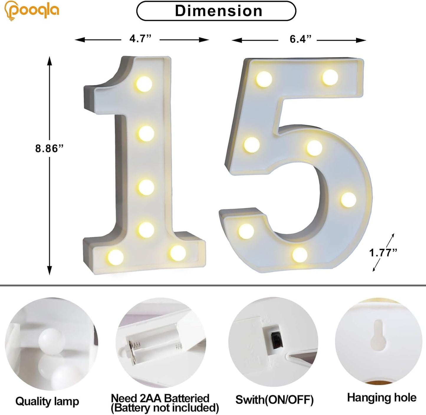 Pooqla Decorative LED Light Up Number Letters, White Plastic Marquee Lights Sign for Birthday Party Wedding Decor, Battery Operated (15)