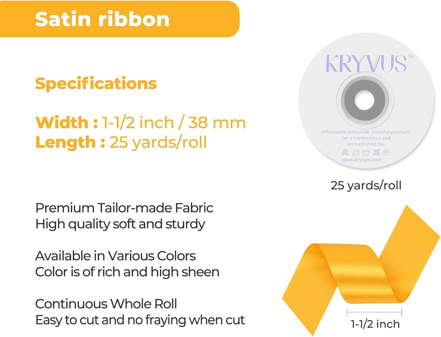 Yellow Satin Ribbon 1-1/2 inch X Continuous 25 Yards, Single Face Polyester Ribbon Perfect for Gift Wrapping, Flower Bouquet, Wedding Decor, Crafts, Bow Making, Sewing and More