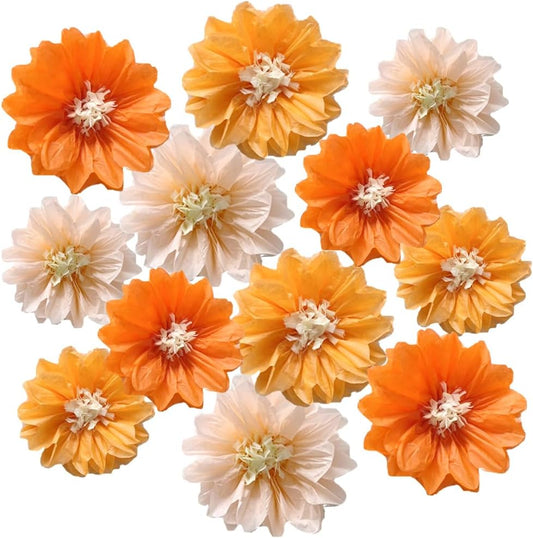 12pcs 10in 12in Paper Flowers Tissue Flowers Pom Paper Pom Poms Hanging Flowers Wall Backdrop Wedding Party Flower Decorations DIY Art Craft Blooms for Birthday Baby Shower Nursery Decor Orange