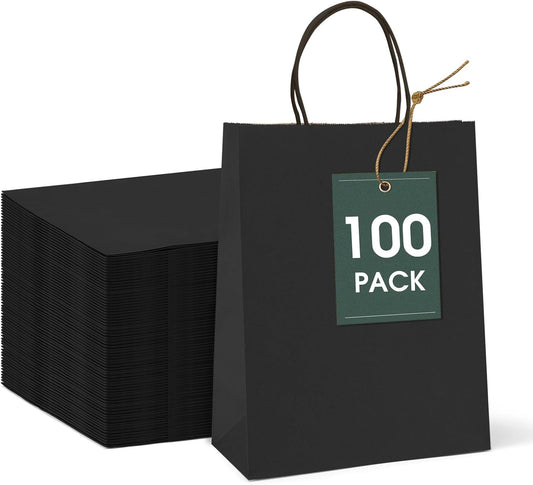 GSSUSA 100 Pack, 8x4.25x10 Black Paper Gift Bags with Handles Bulk for Small Businesses, Grocery & Retail, Birthday Parties, Crafts