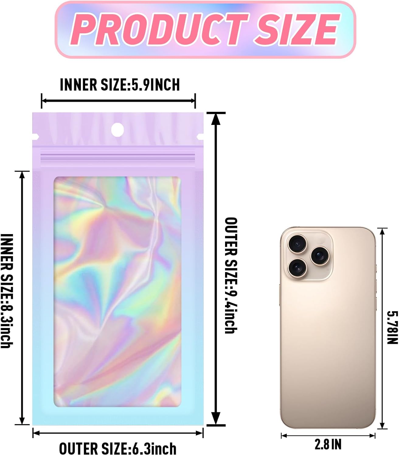 Funfery 100 Pack Gradient Holographic Bags,Mylar Resealable Bags with Zipper,Clear Window Packaging Pouchs,Foil Smell Proof Bag for Food Storage,Sample Jewelry Bag(6.3x9.4In,Purple Blue)