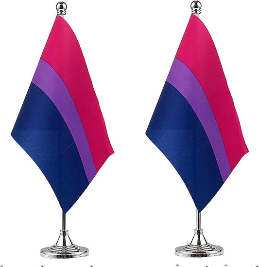 ZXvZYT 2 Pack Pride Rainbow Bisexual flag Bi table flag,Small Mini LGBT Desk Flags With Stand Base,American Rainbow Mardi Gras Party Decorations Supplies