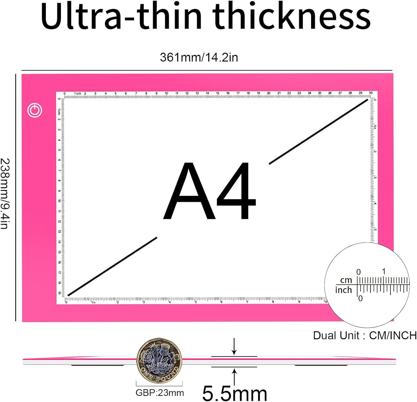 Light Box Drawing Pad, Tracing Board with Type-C Charge Cable and Brightness Adjustable for Artists, AnimationDrawing, Sketching, Animation, X-ray Viewing (A4-P-Pink-New)