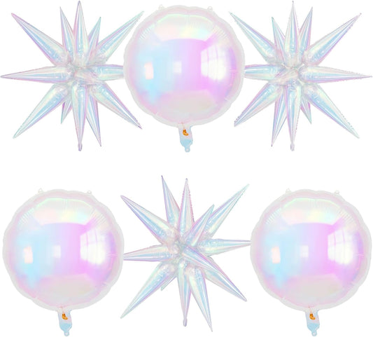 6Pcs Iridescent Foil Balloons, 22in Round Shaped Balloons and Explosion Star Iridescent Balloon, Large Holographic Clear Foil Balloon for Birthday Mermaid Rainbow Wedding Party Supplies