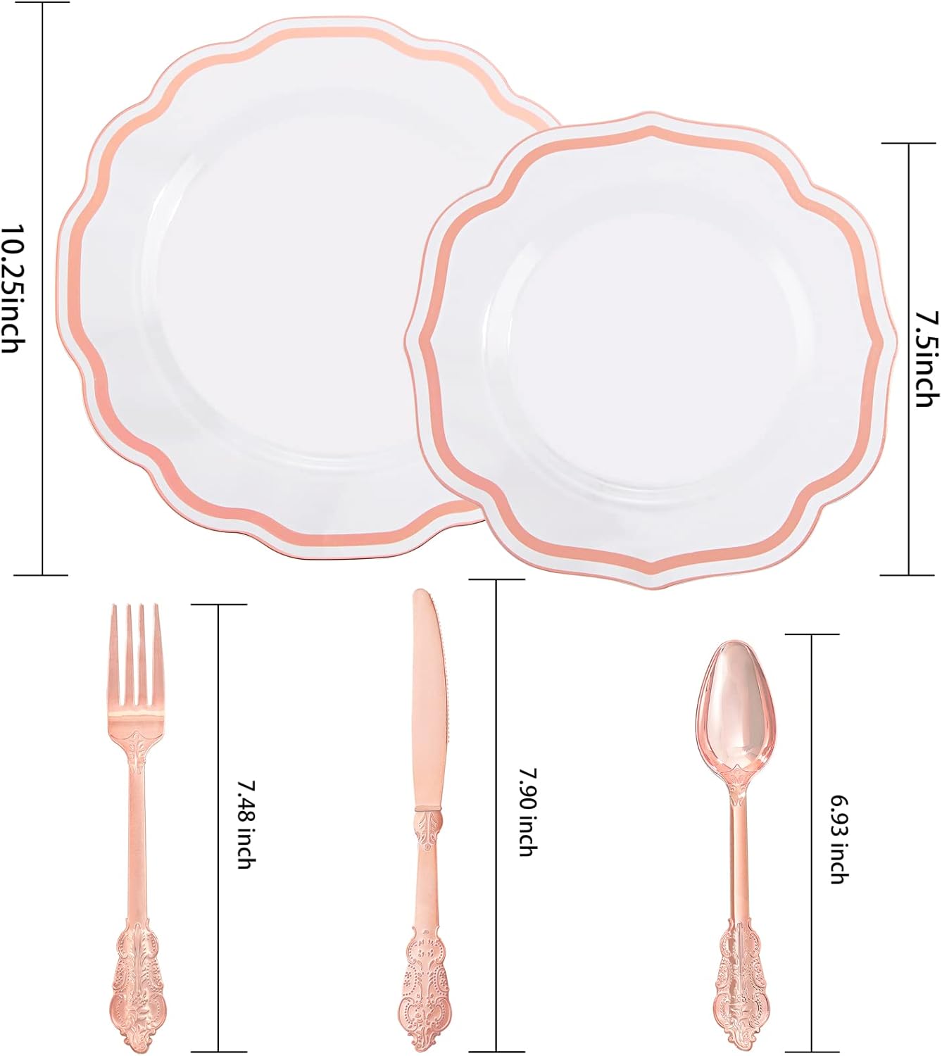 NOCCUR 150PCS Rose Gold Plastic Plates&Rose Gold Silverware-Include 30Dinner Plates, 30Salad plates, 90 Disposable Rose Gold Utensils- Ideal for Weddings, Party,Shower