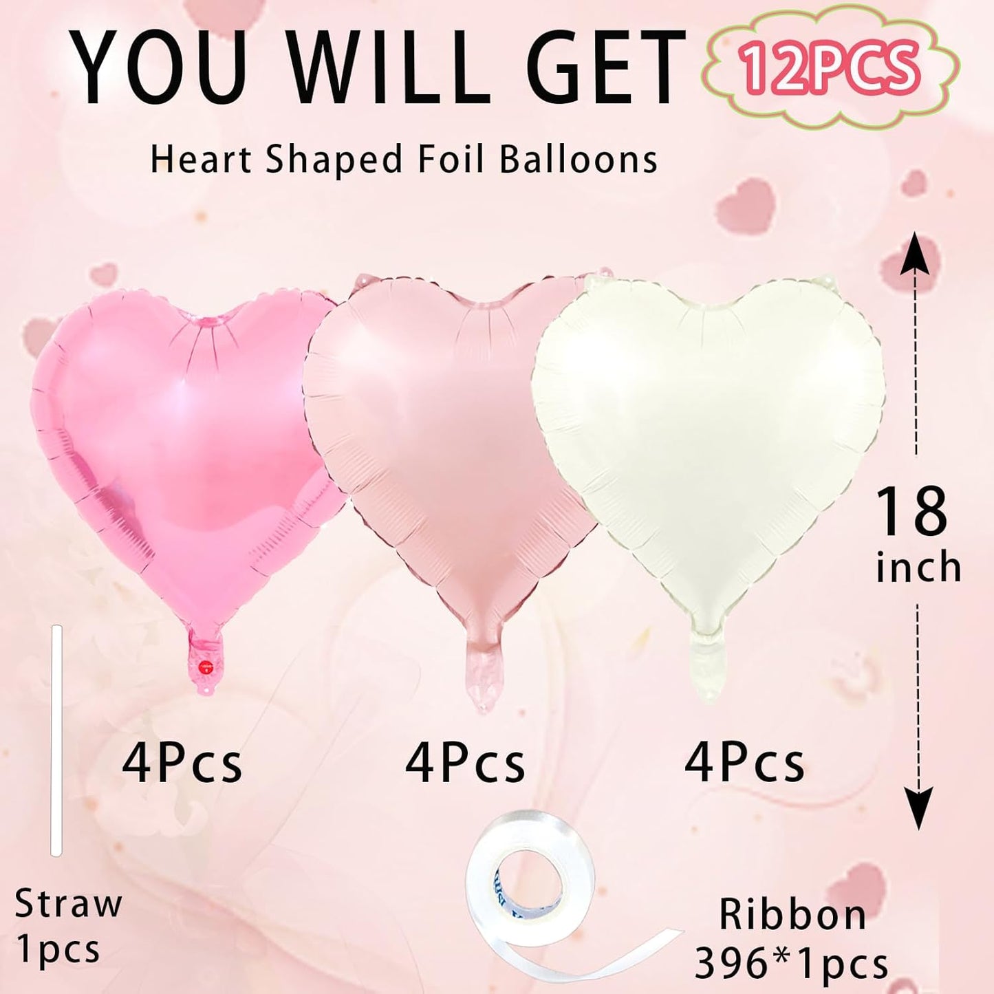 Pink Heart Balloons,18inch Bright Pink Heart Shaped Foil Balloons & Pastel White Helium Mylar Balloon for Anniversary Wedding Engagement Birthday Party Baby Shower Decorations(12Pcs)