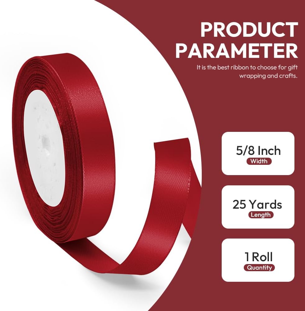 5/8" x 25 Yards Satin Ribbon, Scarlet Silk Ribbon Ideal for Gift Wrapping, Floral Bouquets, Crafts, Wedding Party Decorations, Christmas and Sewing Projects