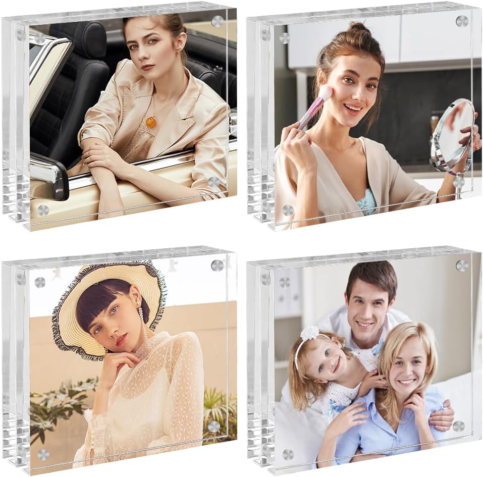 4x6 Acrylic Frames 4 Pack, 20mm Double Sided Magnetic Picture Frames Clear Picture Frames Self Standing Desktop Display Stand for Wedding Bedroom Living Room Home