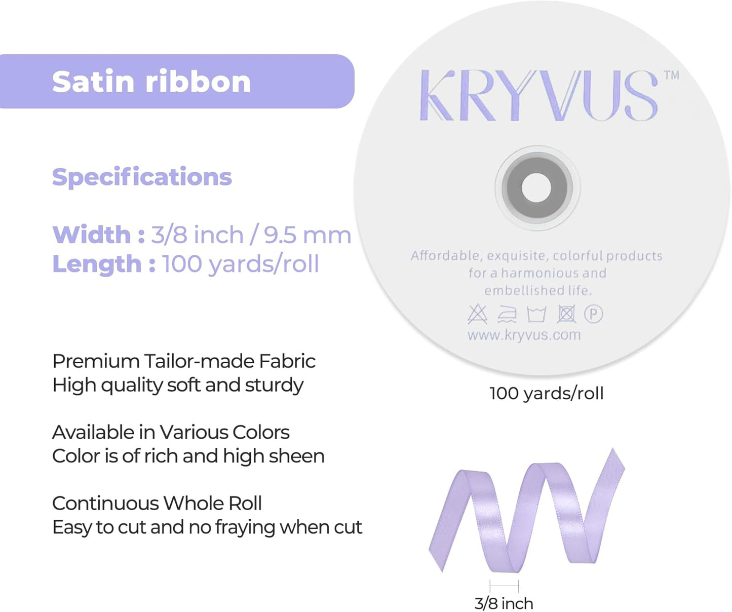 Lavender Satin Ribbon 3/8 inch X Continuous 100 Yards, Single Face Polyester Ribbon Perfect for Gift Wrapping, Flower Bouquet, Wedding Decor, Crafts, Bow Making, Sewing and More
