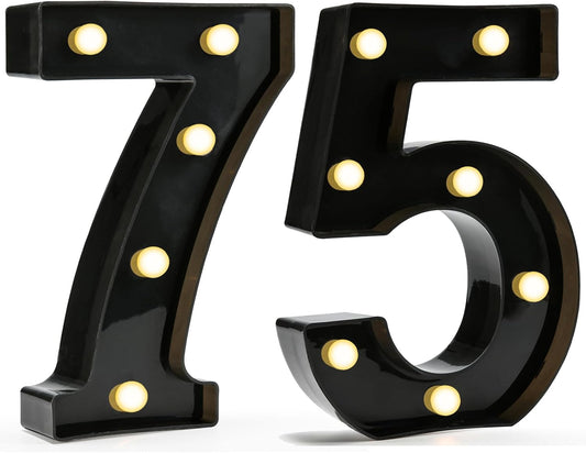 Pooqla Decorative Led Light Up Number Letters, Black Plastic Marquee Number Lights Sign for 75th Birthday Party Wedding Decor Battery Operated Black Decoration 75