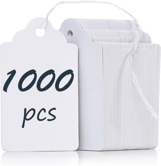 Uniclife 1000 Pcs Price Tags 1.8 Inch Writable Price Labels White Price Display Tags for Pricing Clothing Jewelry Gifts Blank Hang Tags Merchandise White Marking Tags with Strings, 1.8" x 1.05"