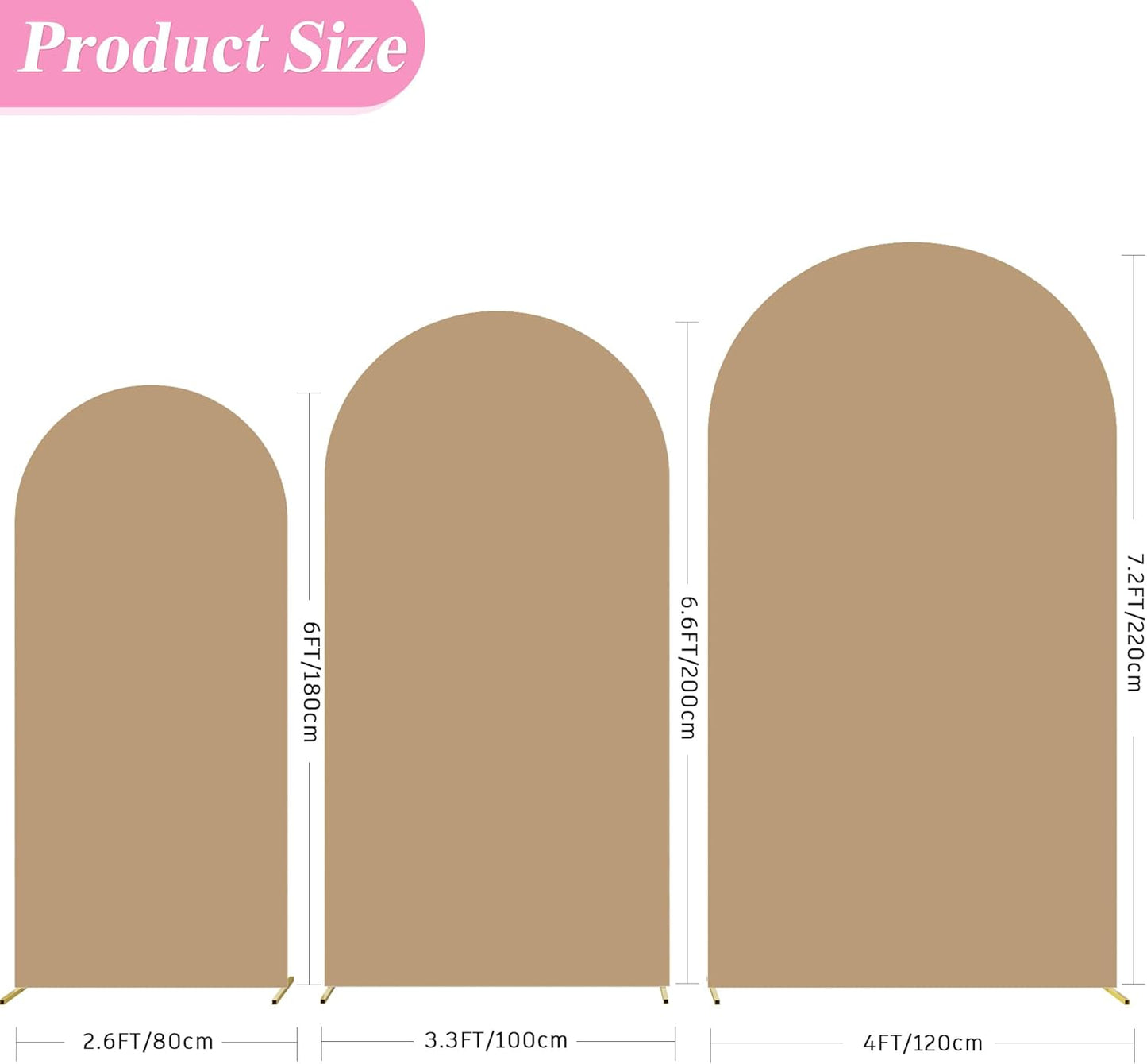 Fomcet Set of 3 Wedding Arch Covers 6FT, 6.6FT, 7.2FT Khaki 2-Sided Round Top Spandex Arch Backdrop Cover Fitted Fabric for Birthday Party Baby Shower Wedding Arch Stand Decoration