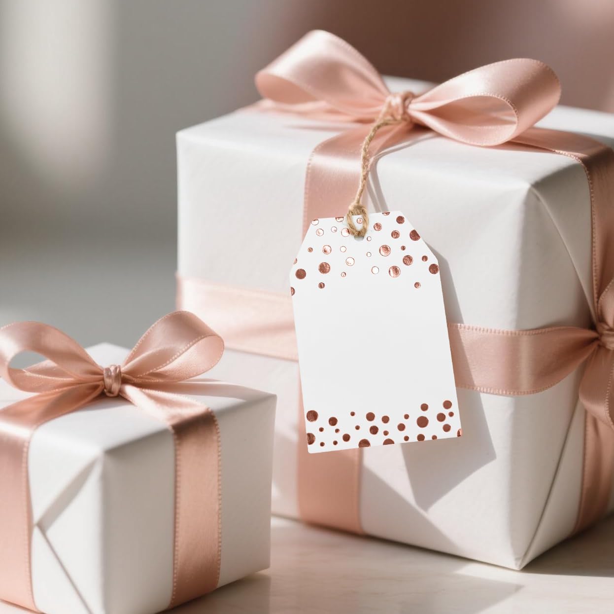 100Pcs Rose Gold Gift Tags with String Attached, ASYEHJNR Foil Rose Gold Dot Large Gift Bag Tags Presents with 65 FT Jute Twine, White Paper Gift Tags for Baby Shower, Wedding, Birthday Gift Wrap Tags
