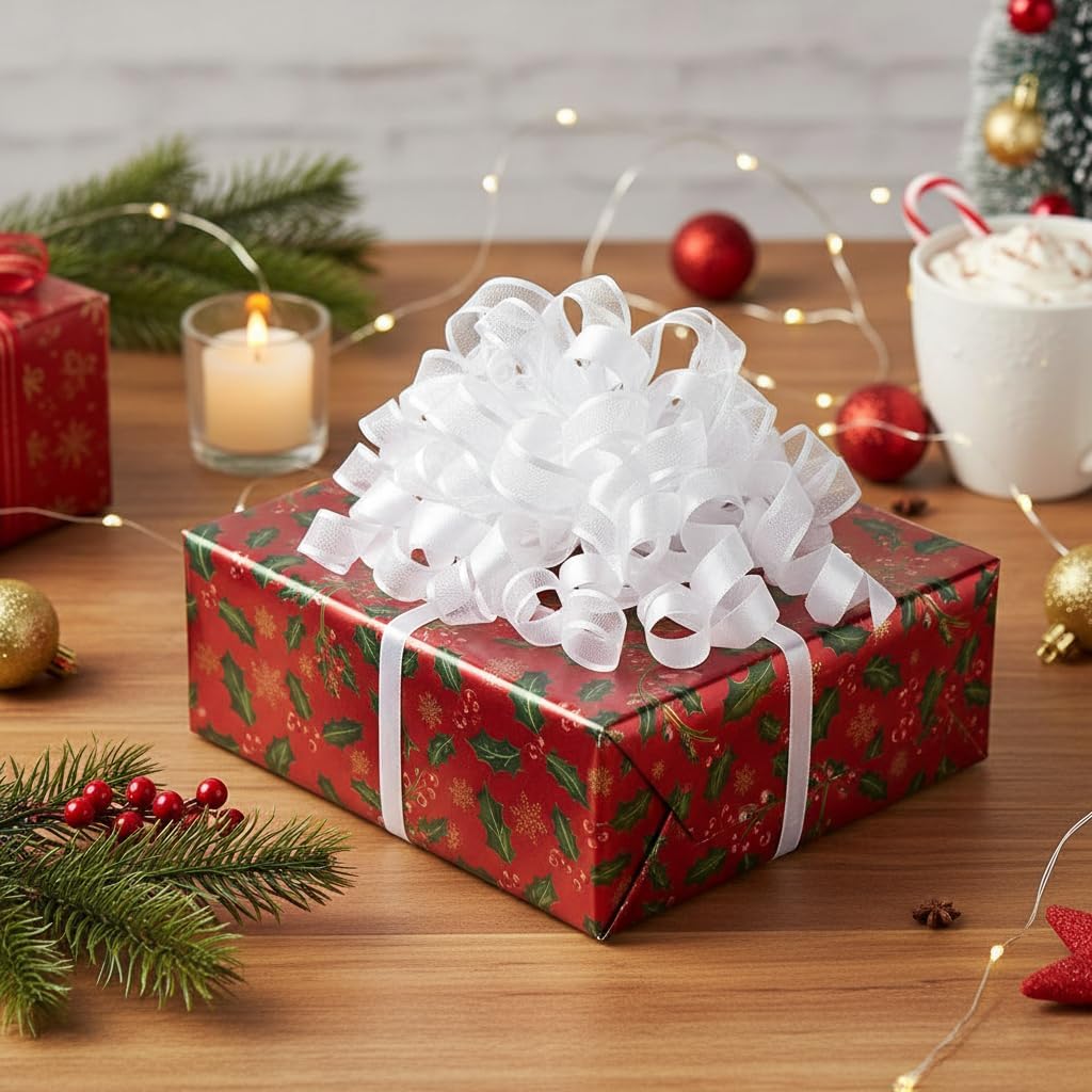 CT CRAFT LLC White Satin and Sheer Curly Ribbon Bow 6" Long x 6 Counts Gift Wrapping Pre-Tied Self-Adhesive Tab for Birthday Present Box Wine Bottle Baby Shower Party Christmas Hanukah